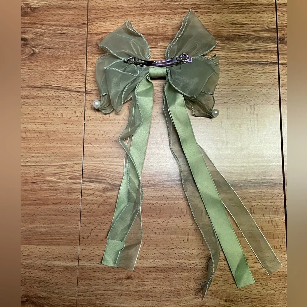 Long Oversized Green Satin Bow French Barrette Hair Clip